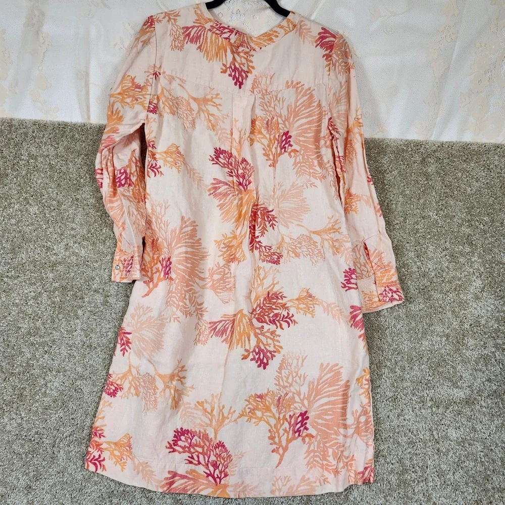 Chico's Tunic Dress Coral Sea Life Print 100% Linen Coastal‎ Resort Size 1 8/10